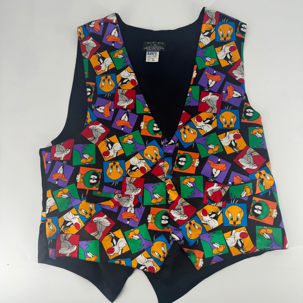 Vintage‎ 1994 Looney Tunes Mania 100% Silk Character Print Vest S/M 90s Retro